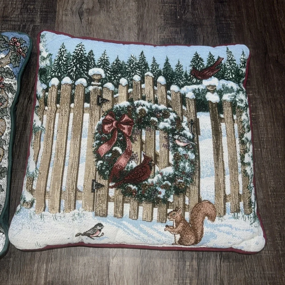 2 Tapestry Christmas Throw Pillows Snowman And Winter Scene